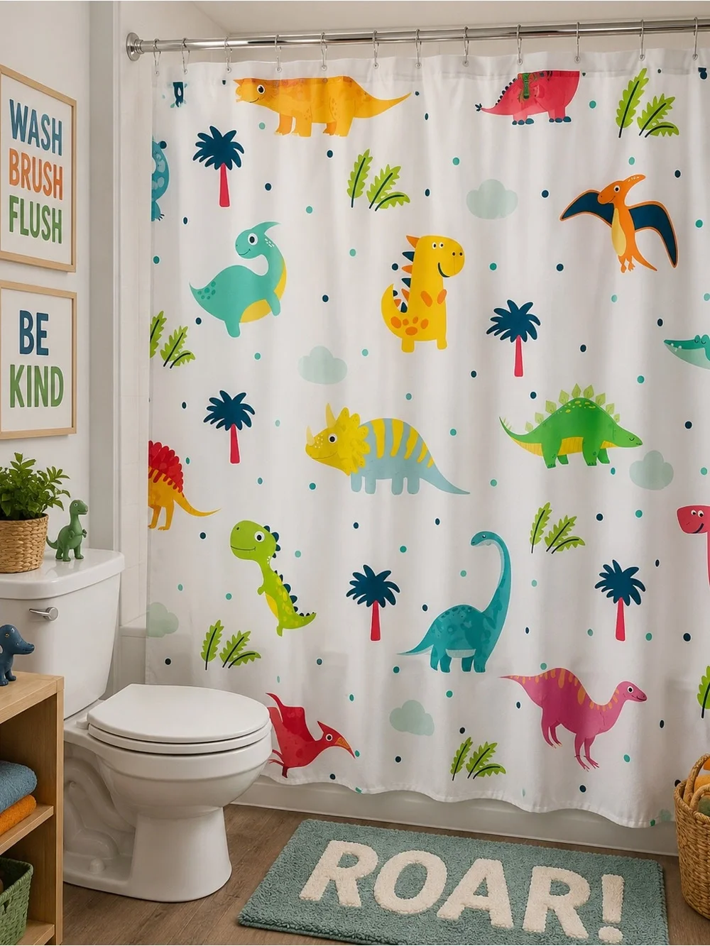 Colorful Dinosaur Kids Shower Curtain 70” x 70” | Waterproof | Bathroom Decor